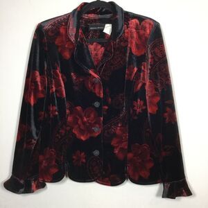 Black velvet jacket with red rose and paisley pattern ruffle sleeve vampire Sz10